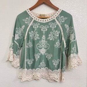 Democracy Boho Sage Green Lace Embroidered Bell Sleeve Top Blouse